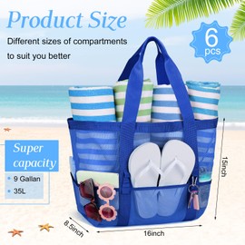 Hillban Large Mesh Tote Beach Bag Waterproof Lightweight Summer for Pool Vacation Travel Market Camping Outdoor Sports(Deep Blue,6 Pcs)