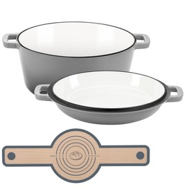 E-far 5 Quart Enameled Cast Iron Dutch Oven, 2 in 1 Dutch Oven Pot with Skillet Lid and Silicone Bread Sling, Ideal for Bread Baking, Cooking, Stewing, Frying, Induction & Oven Safe - Grey