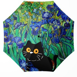WSZYNDF Vintage Irises and Black Cat Umbrella, Small Cat Travel Compact Windproof Automatic Folding Umbrella for Rain and Wind, Portable UV Shade Sun Umbrella for Women
