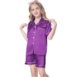 Umeyda Girls Satin Pajamas Set, PJS Short Sleeve Button-Down Top + Shorts Sleepwear Loungewear 2 Pieces Pajamas Set for Little & Big Girls, Purple, 7-8 Years