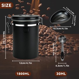 DIYJEP 1800ML Airtight Coffee Canister Set with Coffee Dosing Cup, Stainless Steel Coffe Beans Storage Jars with 30ML Measure Spoon, Date Tracker, and Co2-Release Valve for Tea Sugar (Black)