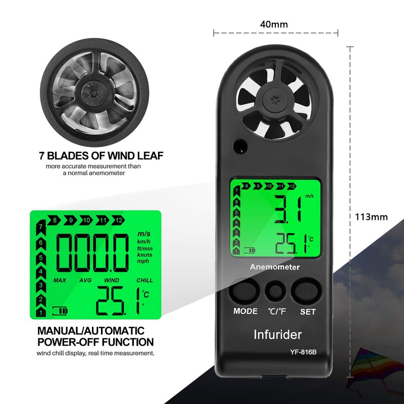 INFURIDER Wind Gauge, Digital Anemometer Handheld Wind Meter Gauge Air