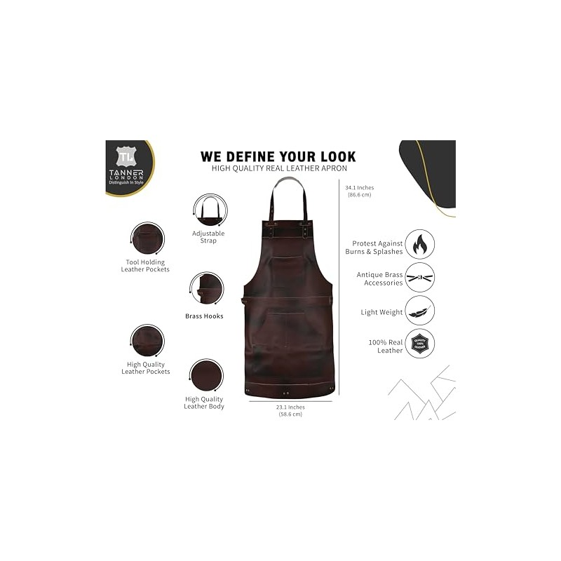 TANNER lONDON Full Grain Leather Apron for Butcher, Barber, Woodwork,