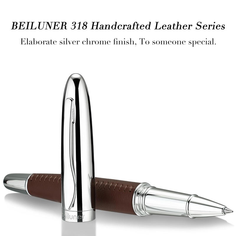 BEILUNER 318 Luxury Leather Pen, Hand-Stitched Premium Leather, Chrome-Plated Finish,