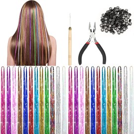 HIFOT 12 Colours Glitter Hair Tinsel Strands Hair Extension Set with Tool, Art Hair Extensions Colourful Hair Strands Children, Hair Accessories Hairpiece Pliers Hook Hair Extension for Women Girls