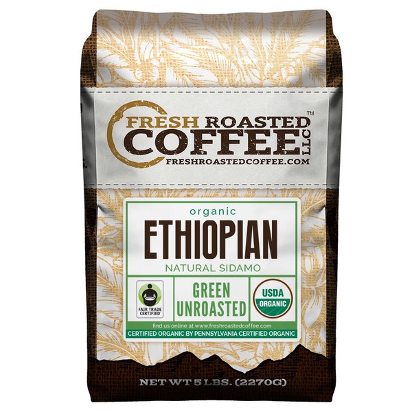 Fresh Roasted Coffee, Unroasted Organic Ethiopian Sidamo, Fair Trade Kosher, 5 Pound