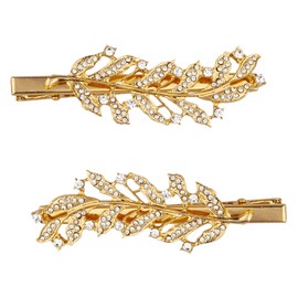 LUX ACCESSORIES Boho Leaves Clear Crystal Rhinestones Set of 2 Gold Hair Clips