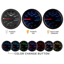 GlowShift Black 7 Color 100 PSI Fuel Pressure Gauge Kit - Includes Electronic Sensor - Black Dial - Clear Lens - for Car & Truck - 2-1/16" 52mm