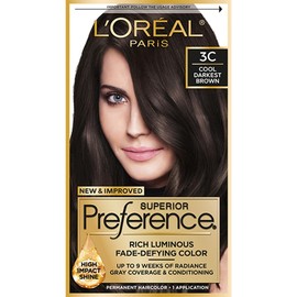 L'Oreal Paris Superior Preference Luminous Fade-Defying Permanent Hair Color, Hair Dye For Up to 9 Weeks of Radiance, Cool Darkest Brown 3C, 1 Hair Dye Kit