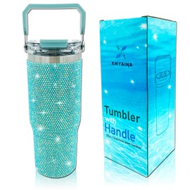 30oz Bling Rhinestone Studded Tumbler with Top Handle and Leakproof Lid Vacuum Insulated Stainless Steel Glitter Crystal Water Bottle with Flip Straw Reusable Cup Outdoors Travel Mugs (Lake Blue)