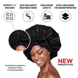 Red by Kiss Silky Satin Tie Bonnet – Adjustable Tie & Elastic for Secure Fit, Protects Natural and Relaxed Hair, Protective Styles, Anti Breakage (Black, XL)