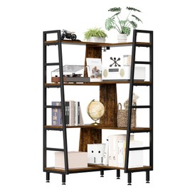 GOOFCXO 4 Tier Corner Deformable Book Shelf L Shaped Adjustable Bookcase Display Book Shelf Office Shelves Vintage Wooden Bookshelves for Living Room Bedroom Study Office Brown