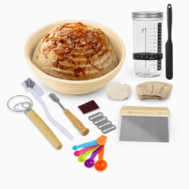 Bread Proofing Set,Sourdough Starter kit with 10 inch Round Rattan Proofing Basket,Thermometer Jar,Dough Whisk, Dough Scraper, Bread Lame and more,Sourdough Bread Making Supplies Tools for beginners