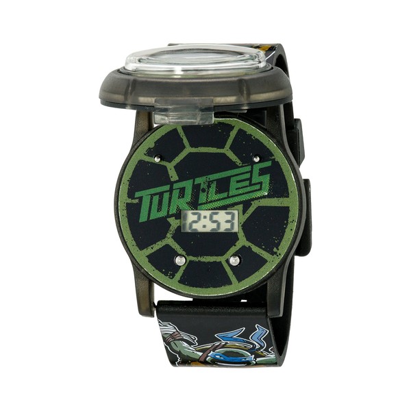 Nickelodeon Accutime Ninja Turtles Kids' Digital Watch with Pop Open Top/Casing, Flashing LED Lights, Black Strap - Official TMNT Characters on The Top, Safe for Children - Model: TMN4205
