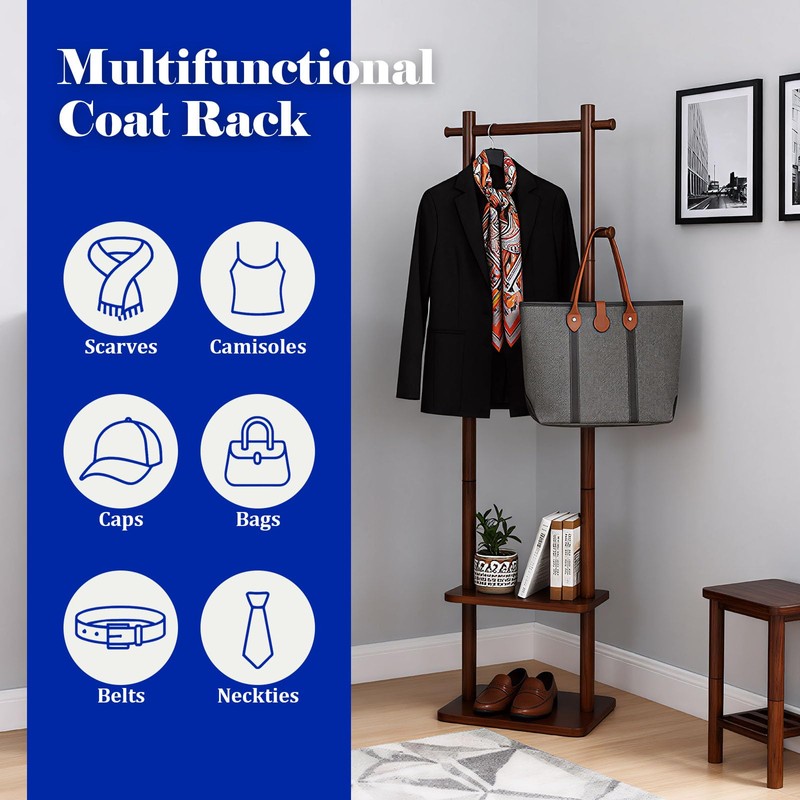 GZQXHOME Solid Wood Coat Rack Freestanding,Clothing Tree Racks with 2-layer