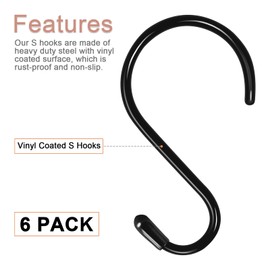 Mzekgxm 6 Pack 5 inch S Hooks for Hanging Heavy Duty, Large Vinyl Coated Closet S Hooks Non Slip Metal S Hooks for Hanging Kitchen Utensil Pot Pan Cups Clothes Jeans Towels Hats Bags Plants (Black)