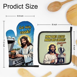 DYJYBMY Let Him Cook How Does Jesus Make His Coffee Funny Oven Mitts and Pot Holder Set, Funny Kitchen Gadgets for Women Coffee Lover, Religion Baking Gifts for Christian Mom Wife Aunt Sister BFF
