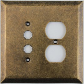 Jumbo Stamped Aged Antique Brass Two Gang Combo Wall Plate - One Push Button Light Switch One Duplex Outlet