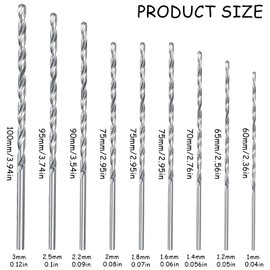 9 Pcs Long Wood Drill Bits, 60mm-100mm Long Hss Drill Bit Wood, Twist Drills Bits Kits, 1mm 1.2mm 1.4mm 1.6mm 1.8mm 2mm 2.2mm 2.5mm 3mm Straight Shank Set for Drilling Tool Wood