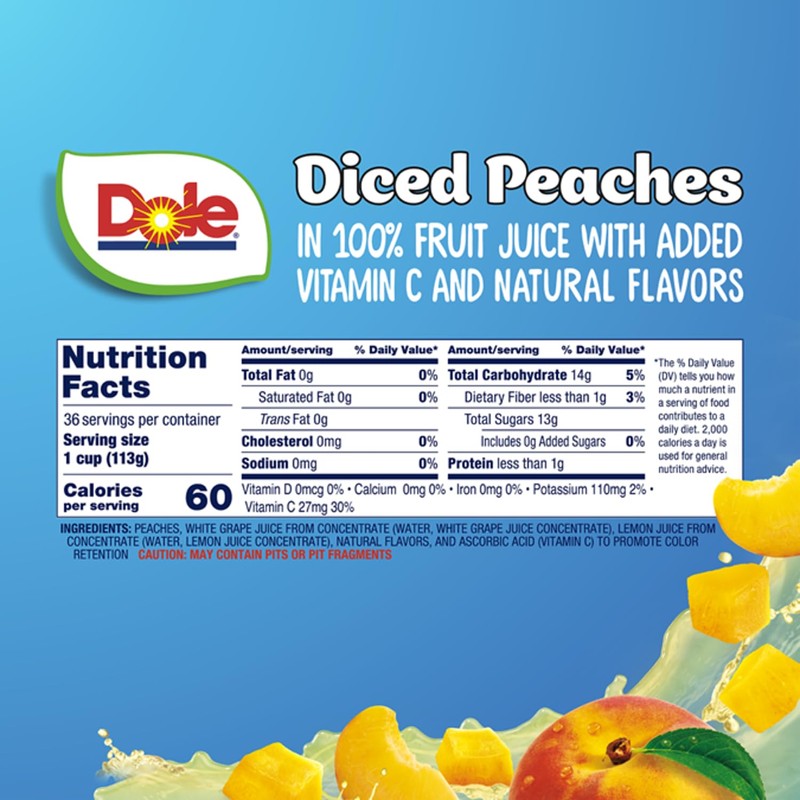 Dole Fruit Bowls Diced Peaches in 100% Juice Snacks, 4oz