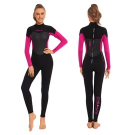 Women's 3/2mm Neoprene Full Body Surfing Wetsuit, Warm and Ultra Stretch Flatlock Jumpsuit w/Back Zip for Surfing Diving Snorkeling and Swimming