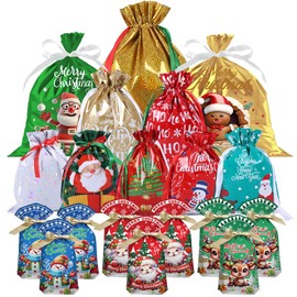 40Pcs Christmas Foil Gift Bags Drawstring,Xmas Pull String Foil Bags,Reusable Foil Wrap Bags Present Sacks Gift Christmas Bags Multipack,Large Medium Small Gift Bags for Presents Xmas Party Decoration