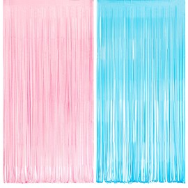 Pink and Blue Party Photo Backdrop - GREATRIL Foil Fringe Tinsel Streamers for Boy or Girl/Pastel/Easter/Birthdays Party Decoration - 3.2ft X 8.2ft - 2 Packs