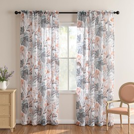 MEETSKY Floral Sheer Curtains 84 inches Long, Rod Pocket Curtains for Living Room/Bedroom, Light Filtering Semi Sheer Botanical Printed Drape, Set of 2 Panels, Orange, 52 x 84 inch