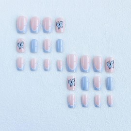 24Pcs Blue Press on Nails Medium Coffin Fake Nails Butterfly French Tip Glue on Nails Star False Nails Coffin Shaped Nails Kit Acrylic Set Exquisite Acrylic nail art for Women and Girls Decoration
