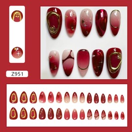 24Pcs Deep red Press on Nails Medium Almond Fake Nails with 3D Texture Gold Design French Nails Gold Star Bead Stick on Nails Y2K Golden Line Ombre False Nails Punk Artificial Glue on Nails for Women