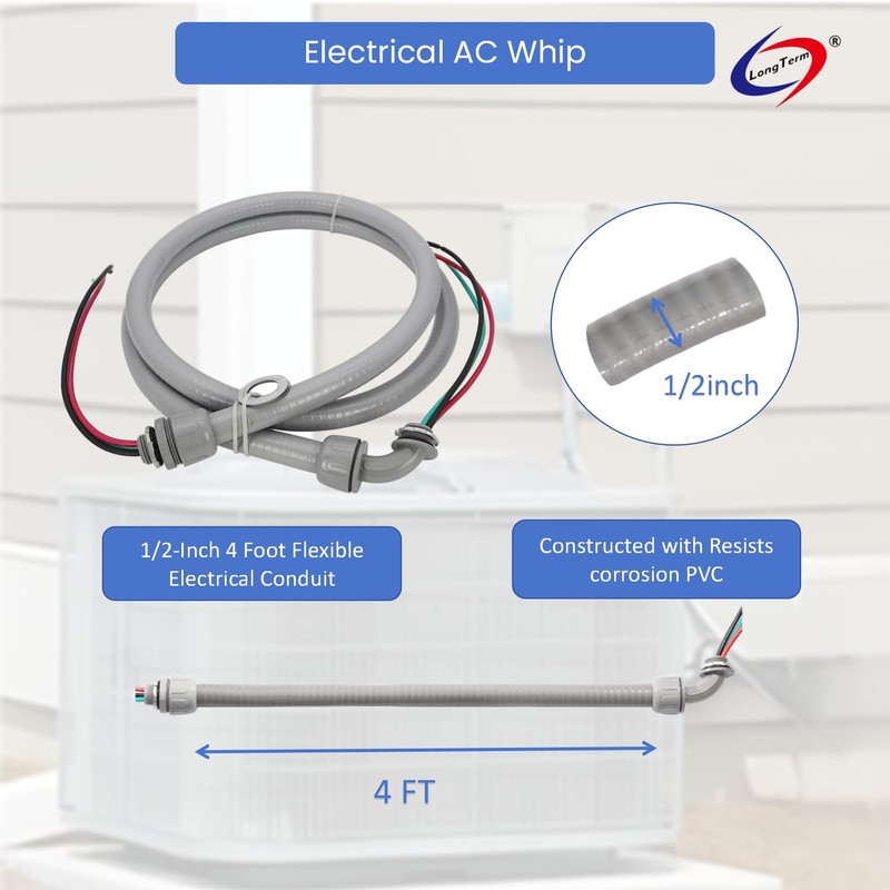 Electrical AC Whip Assembly -1/2" x 4ft Non-Metallic Liquid Tight