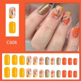 Fall Thanksgiving Fake Nail French Short Square Press on Nails Autumn Flower Maple False Nails Gold Glitter Stick on Nail Yellow Full Cover Acrylic Nails for Fall Woman Girl Nail Art Decoration-(07)