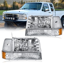 DimFlux LED Headlight, Headlights Assembly Kit Compatible with 1992-1996 Ford F150/F250/F350/Bronco Headlamp W/LED Bar Chrome Housing Amber Reflector