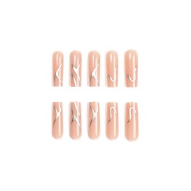 SINHOT Medium Press on Nails Square Fake Nails Glossy Glue on Nails Silver Line Acrylic Nails Squoval Nude Natural Artificial Nails Stick on False Nails with Design 24 pcs