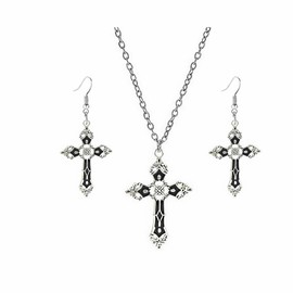 Dishowme 3Pcs Gothic Cross Necklace Earrings Sets Vintage Punk Vampire Crucifix Necklace Jewelry Sets for Women Religious Christian Pray (Black)