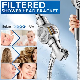 Luxsego Shower Head Holder with Filters, Adjustable Shower Wand Bracket with Brass Joint Ball fits Universal Handheld Hose, Water Softener Filtered Shower Head Holders, Reduces Dry Itchy Skin - Chrome