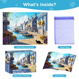 500 Piece Puzzle for Adults, Charming Coastal Village 500 Pieces Jigsaw Puzzles, Seaside Harbor with Cat Puzzle, Perfect for Family Game Night, Ideal Gift for Adults, Kids, Seniors, 20.5 x 15 in
