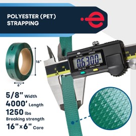 ESK Packaging Polyester (PET) Strapping – 5/8" x 4000' 1250# Break Strength, 16" x 6" Core, Embossed Surface, UV Resistant Green Plastic Strapping
