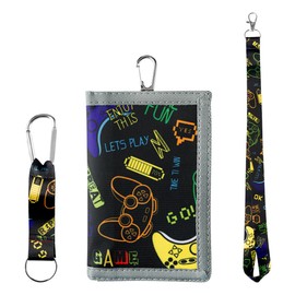 Lotsdonxia Kids Tri-Fold Wallet with Neck Lanyard Zipper – Secure Gaming Design for Boys, Toddlers, Birthday Gifts, School Essentials, Includes ID Window, Key Chain Holder (Black)