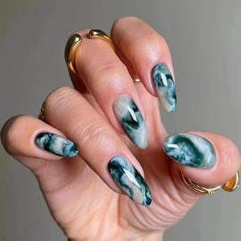 Press on Nails Medium Length Fake Nails Marble False Nails with Stiletto Design - Glossy Dark Green Stick on Nails Coffin Reusable Acrylic Artificial Nails Fake Nails for Finger Nail Art Decoration 24