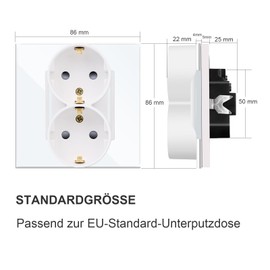 CNBINGO Double Schuko Socket with Plug-In Terminal, 86 mm, Glass Frame with Double Wall Socket, White