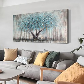 Arjun Tree Wall Art Canvas for Living Room Blue Tree of Life Nature Teal Abstract Textured Painting Picture Modern Panoramic Landscape Artwork Framed Bedroom Home Office Decor, Large Size 40"x20"