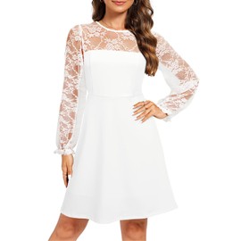 Holipick White Long Sleeve Dress Lace Bridal Shower Engagement Rehearsal Graduation Church A line Short Dresses Women