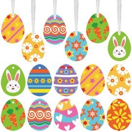 Whaline 120Pcs Easter Egg Paper Cards 10 Designs Easter Egg Cutouts with Hanging Ribbon Colorful Patterned Egg Craft Cut-Outs Easter Tag Ornament for Party Egg Hunt Banner Making Decoration Supplies