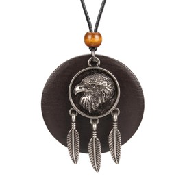 Popeoiuh Leather Necklace for Women Men Silver Alloy Round Eagle Head Feather Wood Pendant Leather Necklaces with Black Long Genuine Leather Rope Choker Jewelry