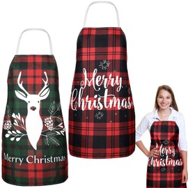 Geyoga 2 Pieces Christmas Aprons for Women Buffalo Plaid Check Adjustable Fabric Red Retro Gingham Elk Apron for Kitchen Cooking Christmas Party Gift