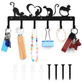 Key Holder for Wall, Black Cat Key Hooks Wall Mounted, Keys Racks Hangers Holders with 6 Hooks for Living Room Hallway Entrance Kitchen Office Décor(Cute Cat)