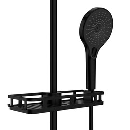 WENKO Libertà Shower Shelf with Hooks and Shower Head Holder Made of Plastic, No Drilling Required to Existing Shower Rail, 28.5 x 4 x 11.5 cm, Matt Black