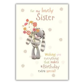 Sister Birthday Card - Lovely Sister - Bunny Rabbit and Flowers Design - Special Finishes and Illustrated Insert Leaf - Made in the UK - Eco-Friendly