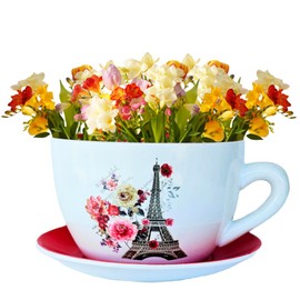hadaaya 7.5” Red-Paris Eiffel Tower Ceramic Teacup Planter with Saucer – Indoor & Outdoor Succulent Pot, Holiday Decor, Festive Flower Pot. RED - Paris Floral Eiffel Tower